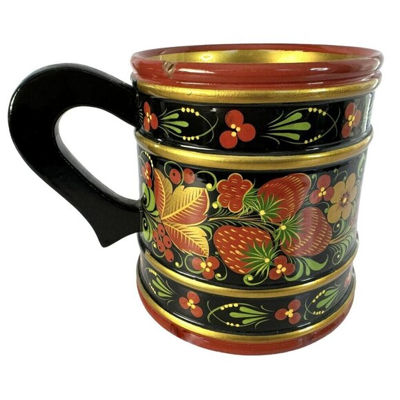 Vtg Russian Lacquerware Khokhloma Folk Art Mug Wild Beries Hand-Painted - Picture 6 of 6